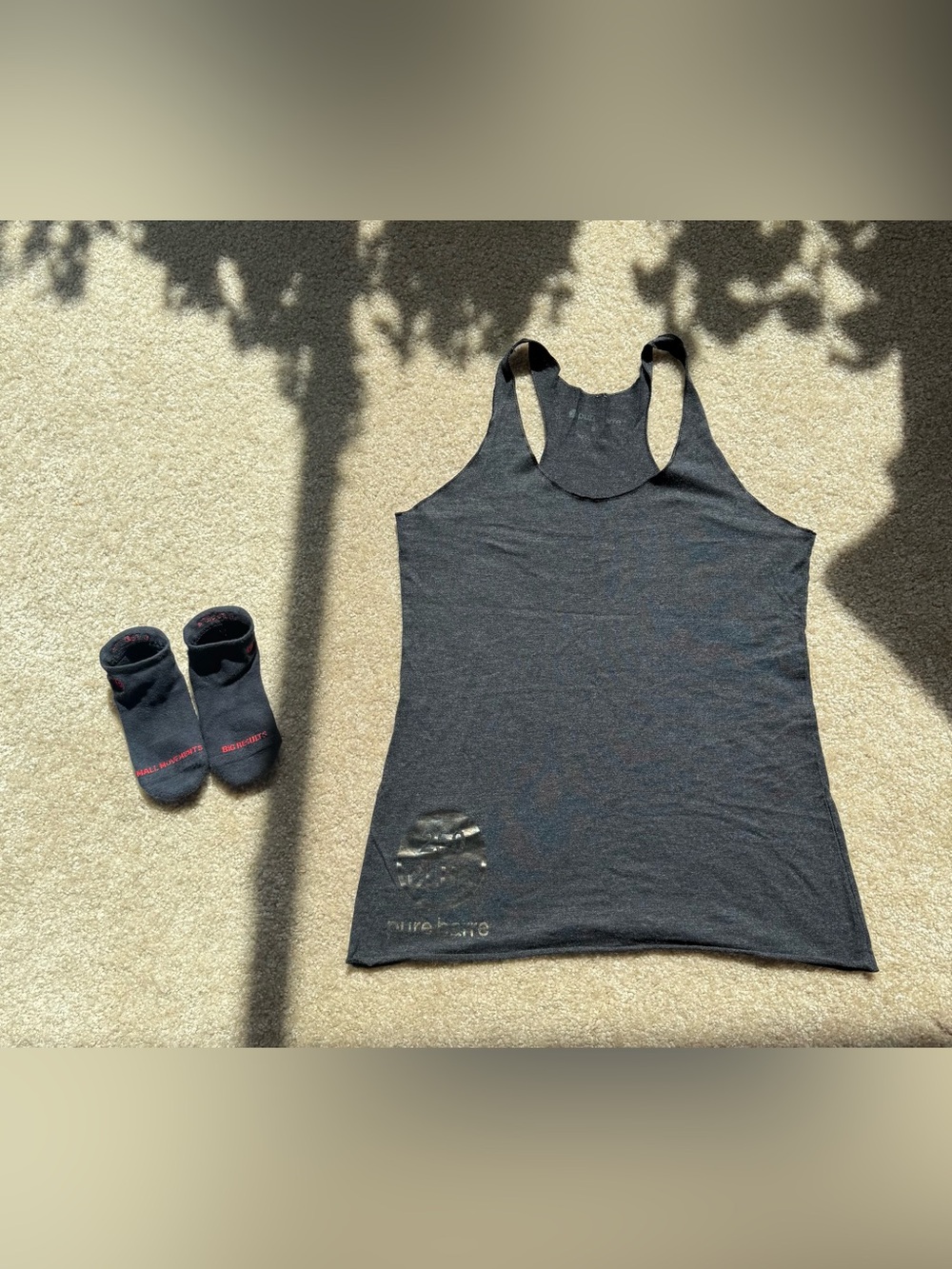 Pure Barre Dark Gray Racerback Tank Top and Black Grips for Women.